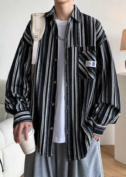 Oversized Peter Spring Men Striped Pan Cotton Black Collar Shirts FashionChic