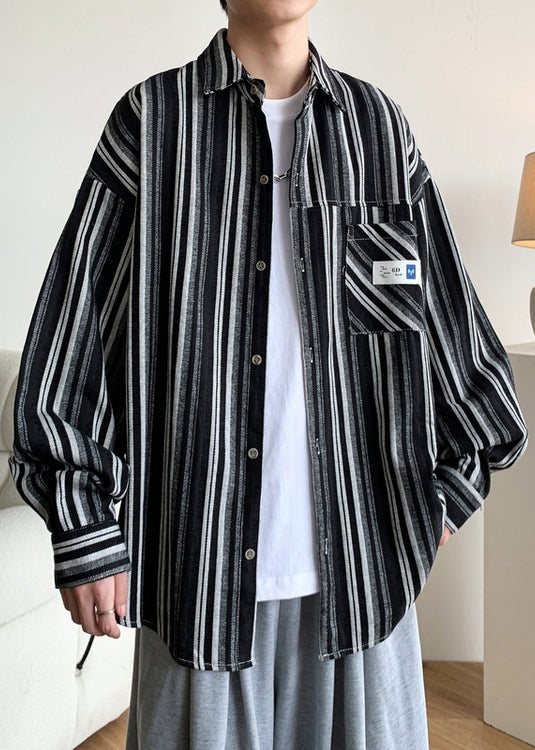 Oversized Peter Spring Men Striped Pan Cotton Black Collar Shirts FashionChic