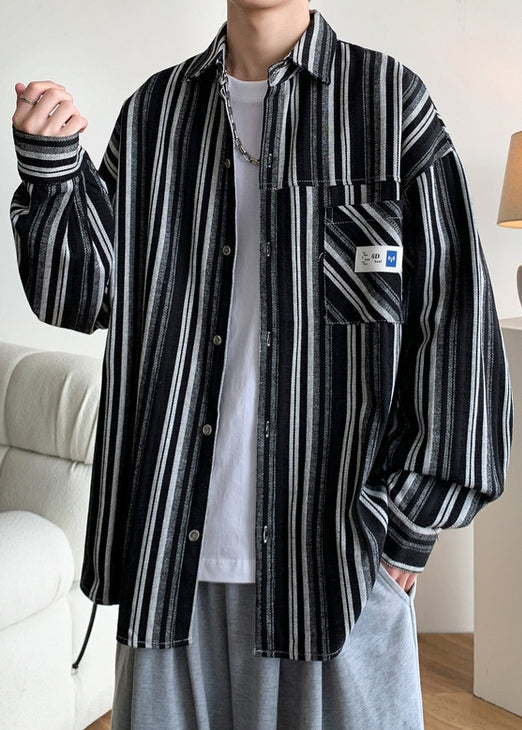 Oversized Peter Spring Men Striped Pan Cotton Black Collar Shirts FashionChic