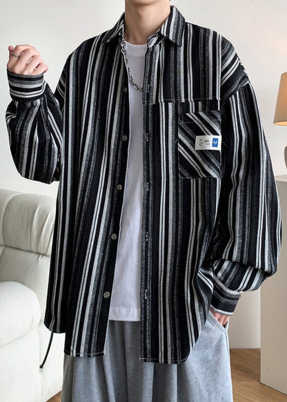 Oversized Peter Spring Men Striped Pan Cotton Black Collar Shirts FashionChic