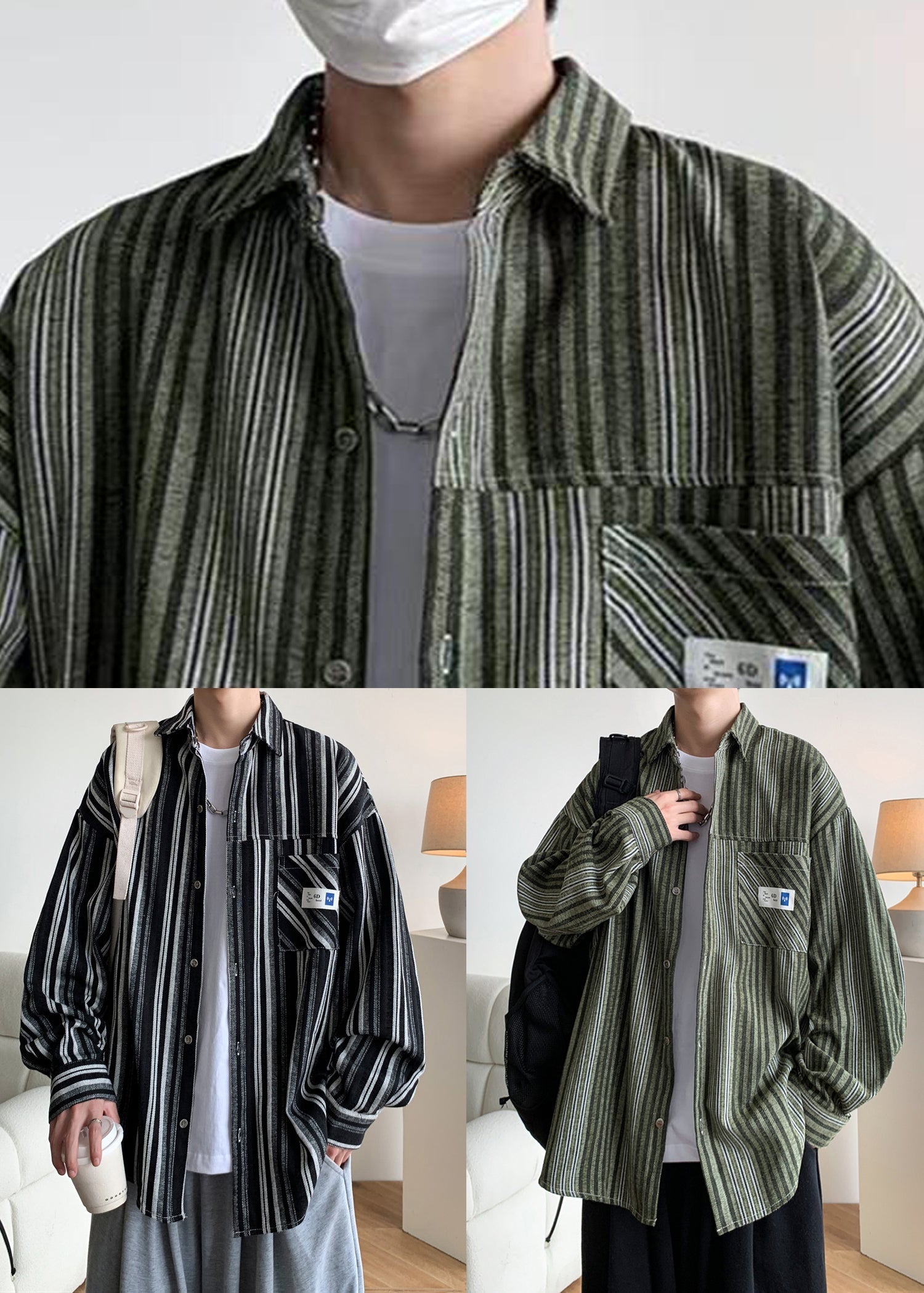 Oversized Peter Spring Men Striped Pan Cotton Black Collar Shirts FashionChic