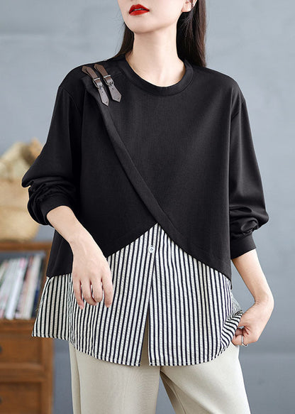 Black Striped Patchwork False Two Pieces Cotton Top O Neck Spring TJ007