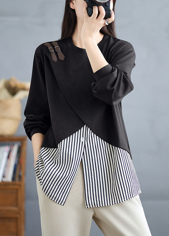 Black Striped Patchwork False Two Pieces Cotton Top O Neck Spring TJ007