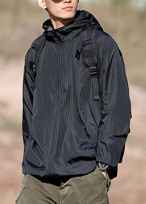 Zippered Ice Men Hooded Silk Thin Striped Coat Black FashionChic