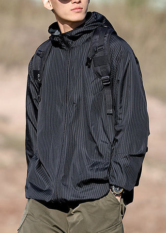 Zippered Ice Men Hooded Silk Thin Striped Coat Black FashionChic