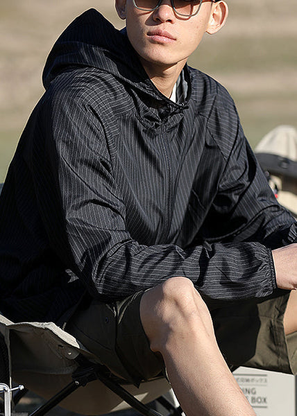 Zippered Ice Men Hooded Silk Thin Striped Coat Black FashionChic