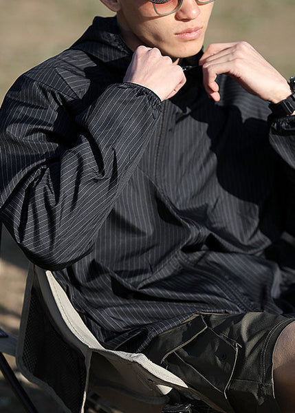 Zippered Ice Men Hooded Silk Thin Striped Coat Black FashionChic