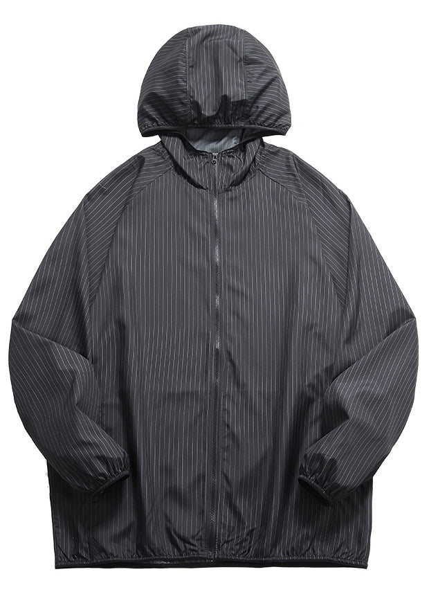 Zippered Ice Men Hooded Silk Thin Striped Coat Black FashionChic