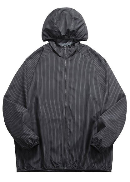 Zippered Ice Men Hooded Silk Thin Striped Coat Black FashionChic