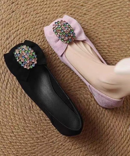 Penny Suede Comfy Loafers Splicing Zircon Black Bow FashionChic