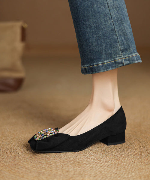 Penny Suede Comfy Loafers Splicing Zircon Black Bow FashionChic