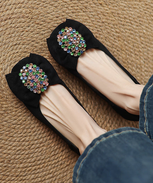 Bow Black Suede Penny Comfy Zircon Loafers Splicing FashionChic