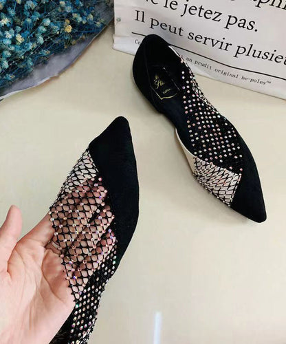 Black Suede Flat Feet Shoes Splicing Tulle Zircon AP1050 shoe-PDX240905