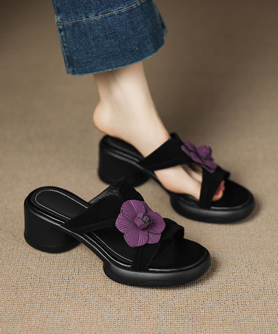 Slide Floral Sandals Suede Peep Toe Splicing Black FashionChic