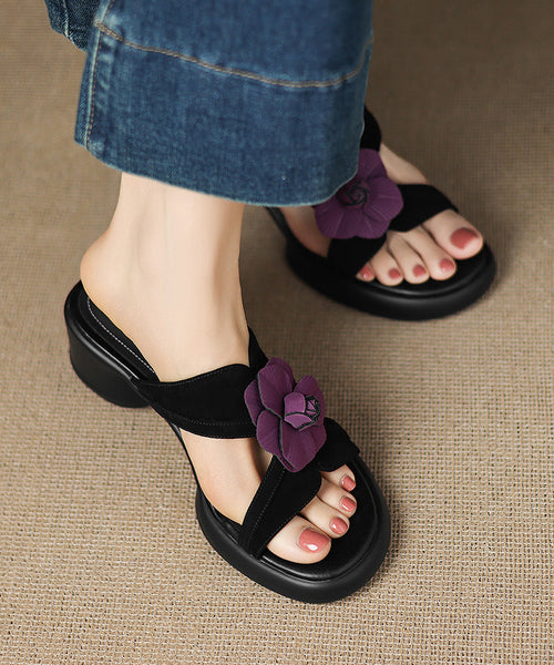 Slide Floral Sandals Suede Peep Toe Splicing Black FashionChic