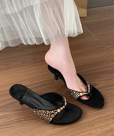 High Splicing Heel Black Suede Rivet Flops Flip FashionChic