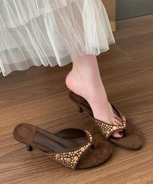 High Splicing Heel Black Suede Rivet Flops Flip FashionChic