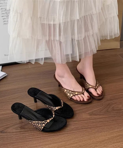 High Splicing Heel Black Suede Rivet Flops Flip FashionChic