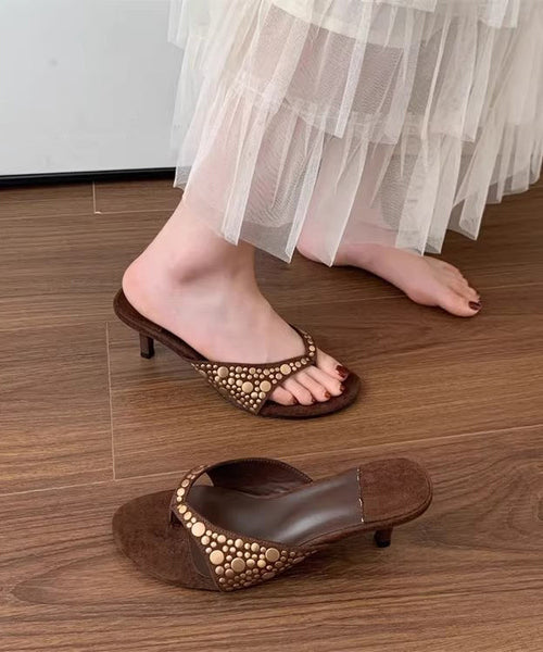 High Splicing Heel Black Suede Rivet Flops Flip FashionChic