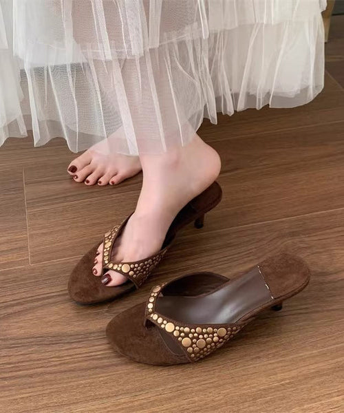 High Splicing Heel Black Suede Rivet Flops Flip FashionChic