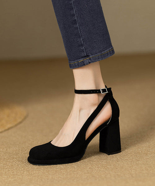 Buckle Hollow Black Heel Splicing Out Chunky Sandals Strap Suede FashionChic