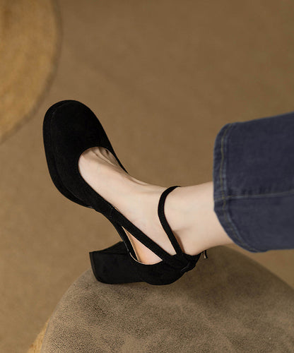 Buckle Hollow Black Heel Splicing Out Chunky Sandals Strap Suede FashionChic