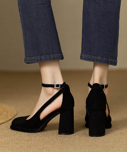 Buckle Hollow Black Heel Splicing Out Chunky Sandals Strap Suede FashionChic