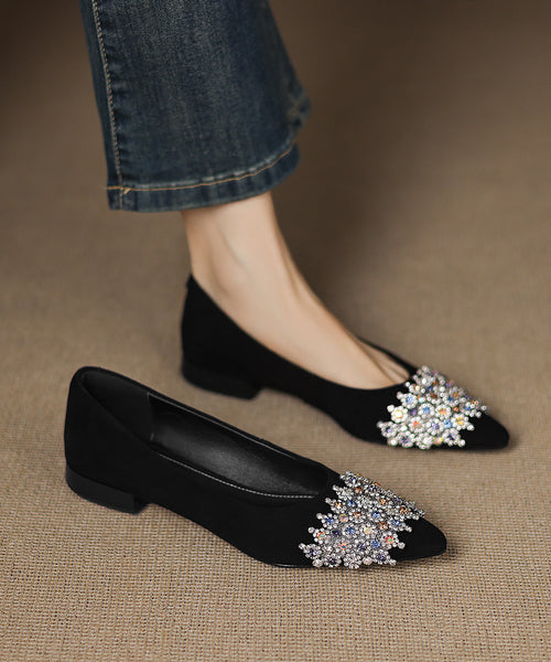 Black Flats Toe Zircon Pointed Unique Suede Splicing FashionChic