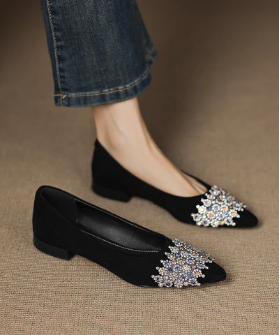 Black Flats Toe Zircon Pointed Unique Suede Splicing FashionChic
