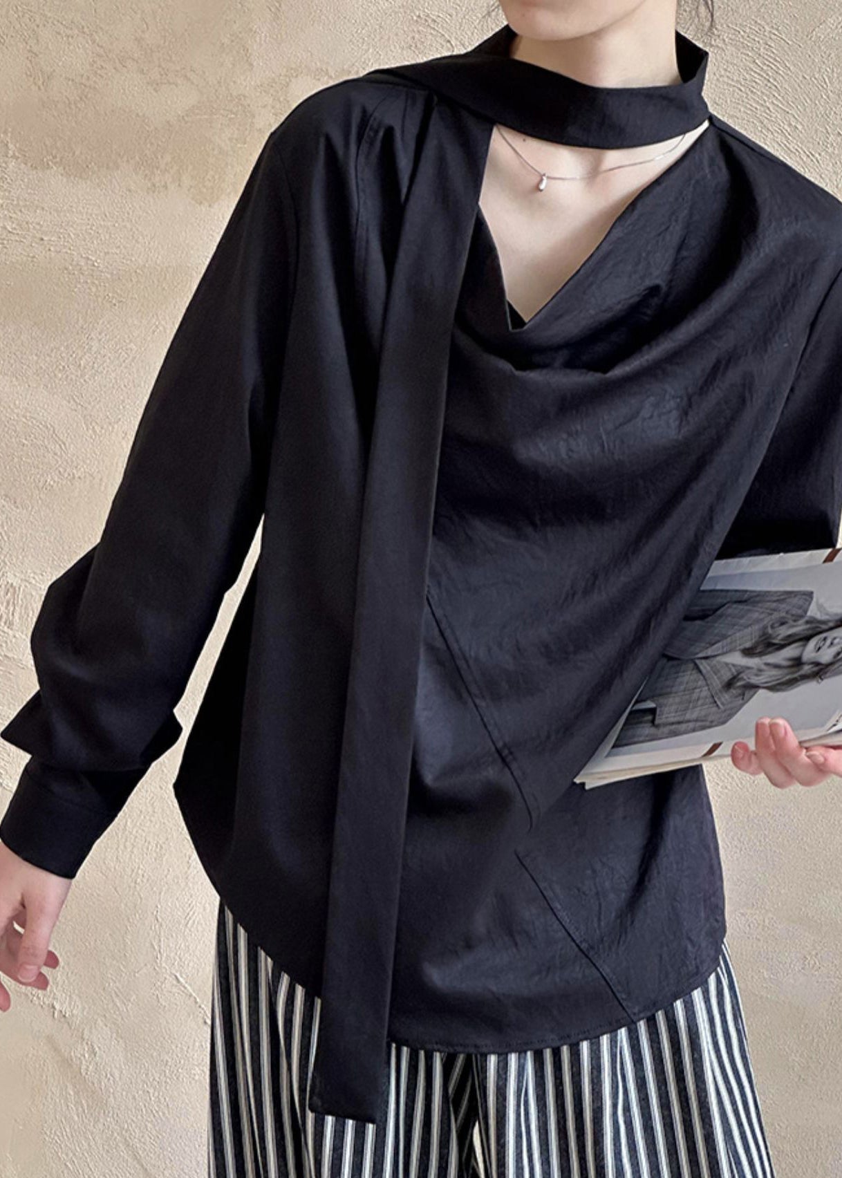 ShirtTops Long Black Sleeve Asymmetrical T FashionChic