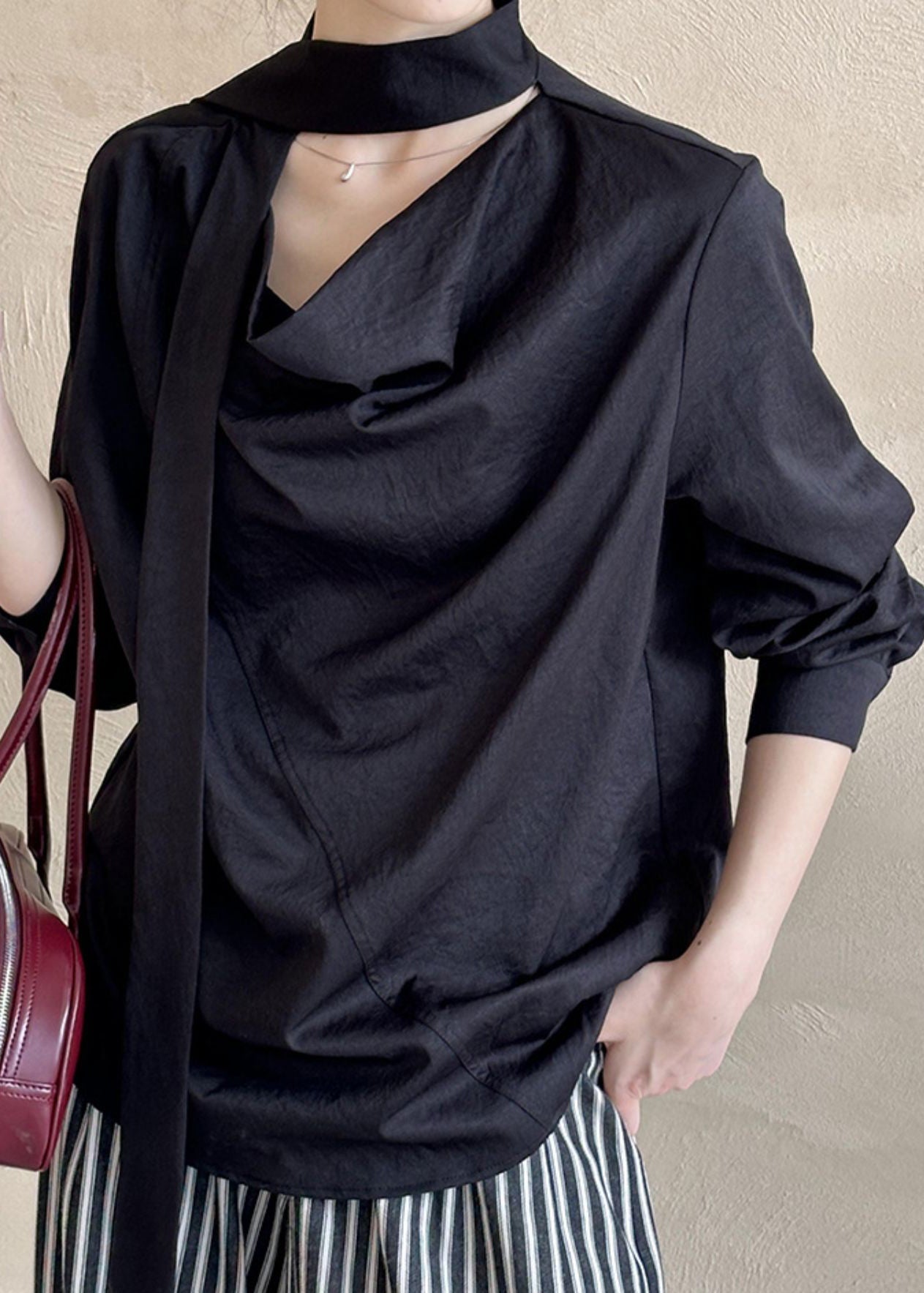 ShirtTops Long Black Sleeve Asymmetrical T FashionChic