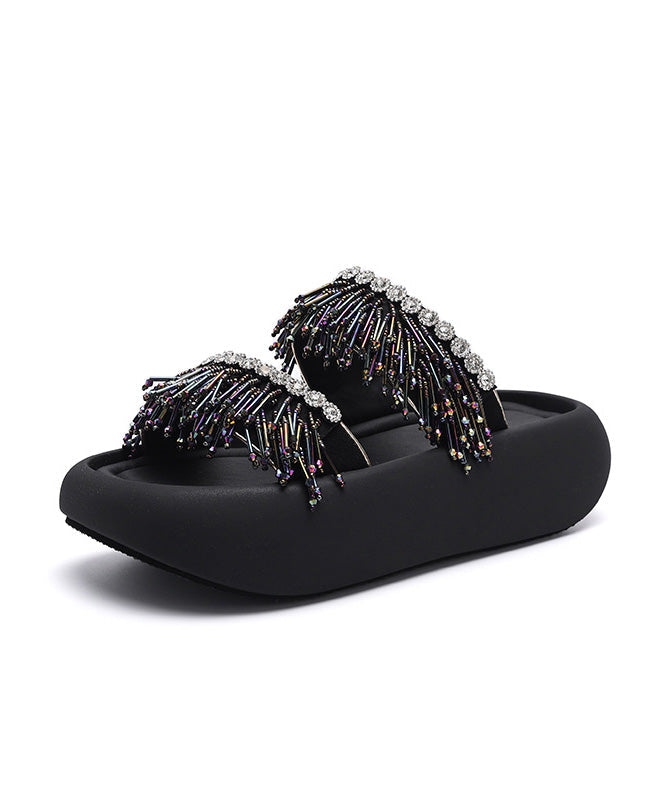 Sandals Black Slide Tassel Peep Toe Platform Splicing FashionChic