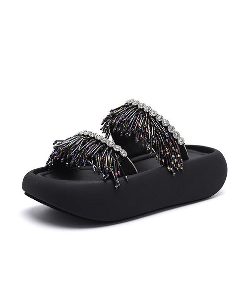 Sandals Black Slide Tassel Peep Toe Platform Splicing FashionChic