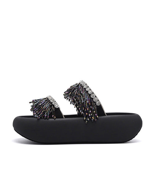 Sandals Black Slide Tassel Peep Toe Platform Splicing FashionChic