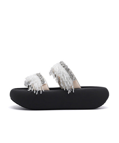 Sandals Black Slide Tassel Peep Toe Platform Splicing FashionChic