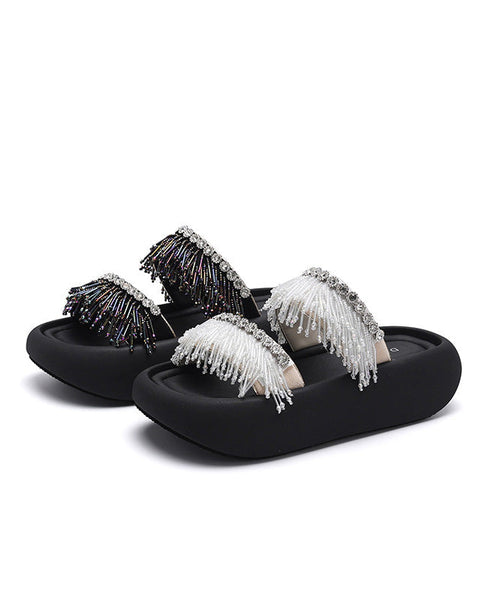 Sandals Black Slide Tassel Peep Toe Platform Splicing FashionChic