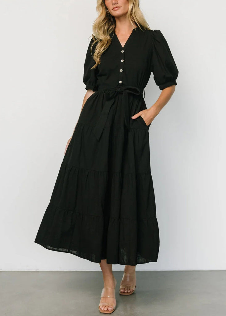 Black Tie Waist Cotton Long Dresses V Neck Short Sleeve AU1004 OM-ZS240902