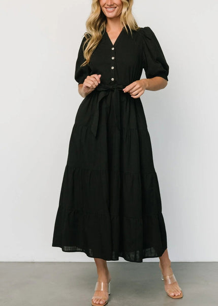 Black Tie Waist Cotton Long Dresses V Neck Short Sleeve AU1004 OM-ZS240902