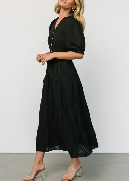 Black Tie Waist Cotton Long Dresses V Neck Short Sleeve AU1004 OM-ZS240902