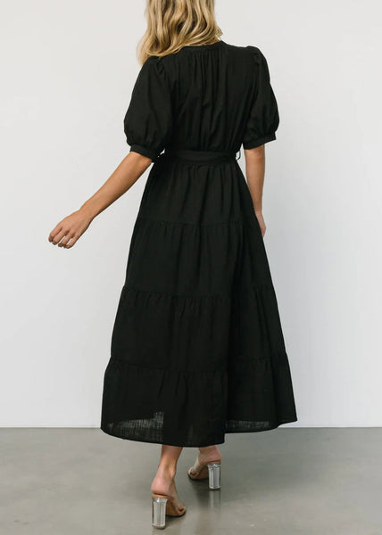 Black Tie Waist Cotton Long Dresses V Neck Short Sleeve AU1004 OM-ZS240902