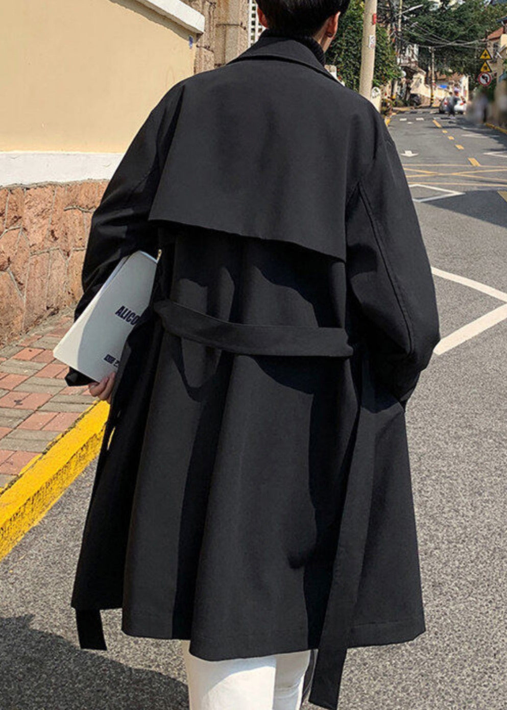 Black Tie Waist Cotton Mens Trench Coat Notched Spring YQ019 ABC