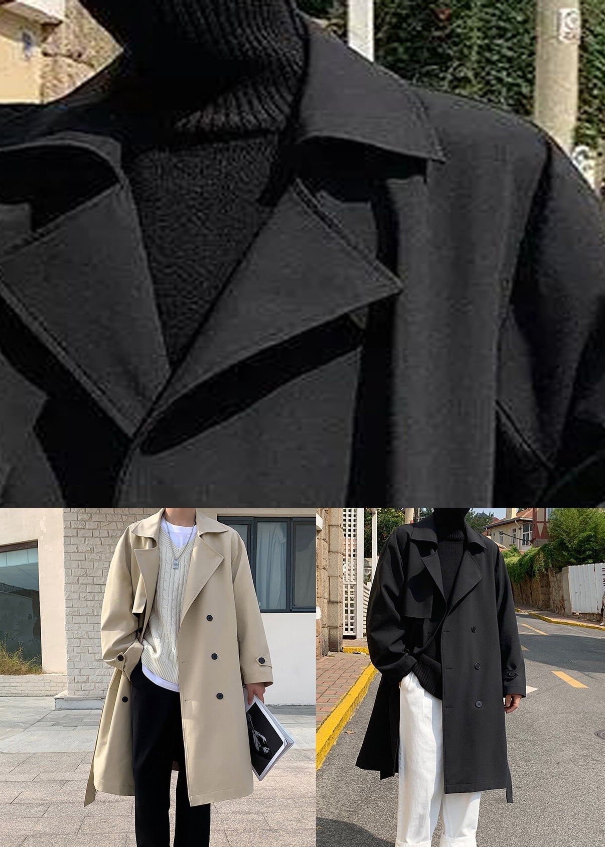 Black Tie Waist Cotton Mens Trench Coat Notched Spring YQ019 ABC