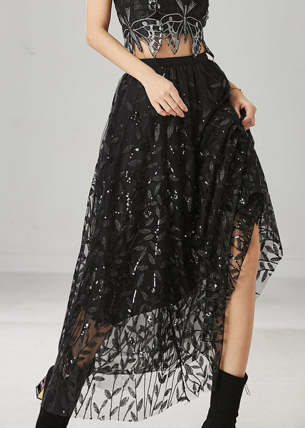 Black Tulle Holiday Skirt Leaf Sequins Spring YU1019 Ada Fashion