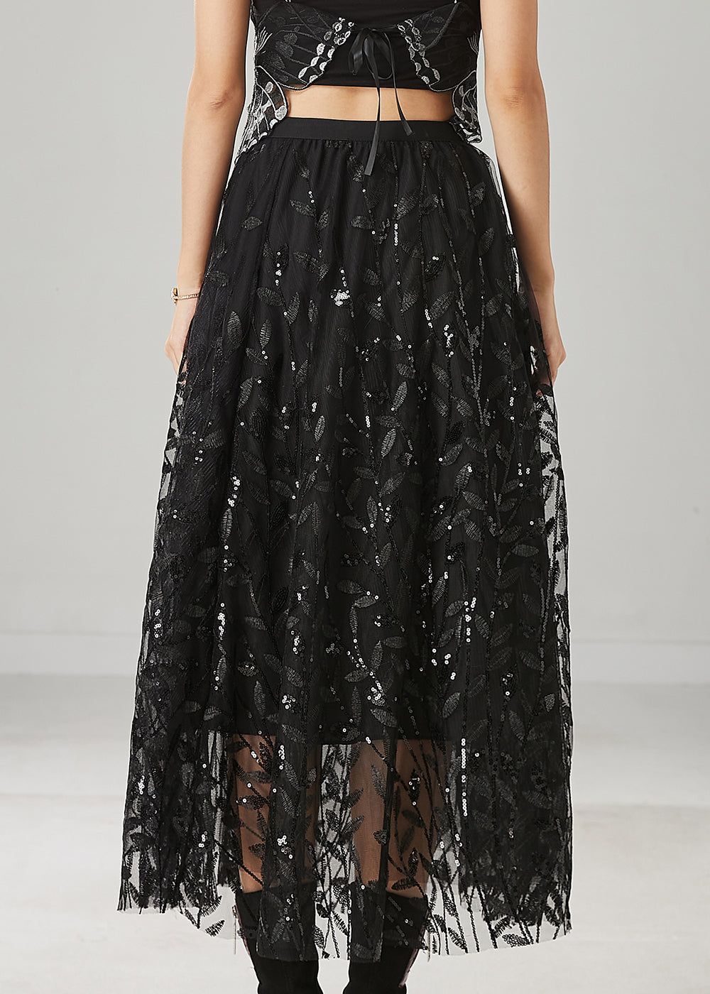 Black Tulle Holiday Skirt Leaf Sequins Spring YU1019 Ada Fashion