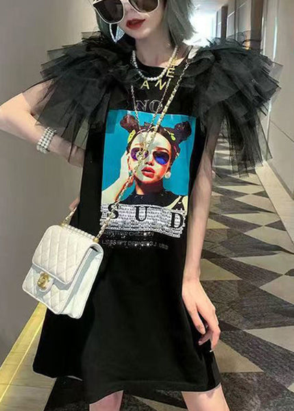 Patchwork Tulle O-Neck Summer Black T Dress Shirt Cotton FashionChic