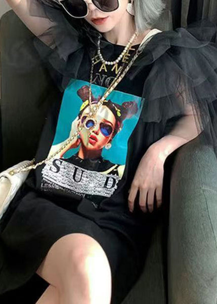 Patchwork Tulle O-Neck Summer Black T Dress Shirt Cotton FashionChic