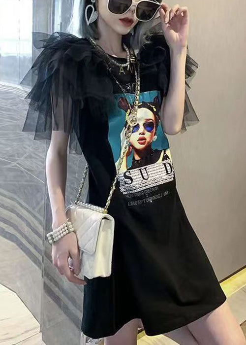 Patchwork Tulle O-Neck Summer Black T Dress Shirt Cotton FashionChic