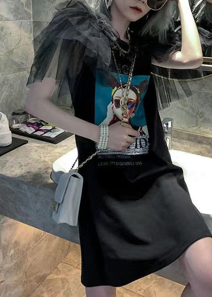 Patchwork Tulle O-Neck Summer Black T Dress Shirt Cotton FashionChic