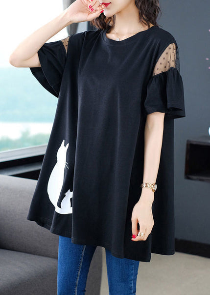 Short Shirt Sleeve Tulle Patchwork Black FashionChic