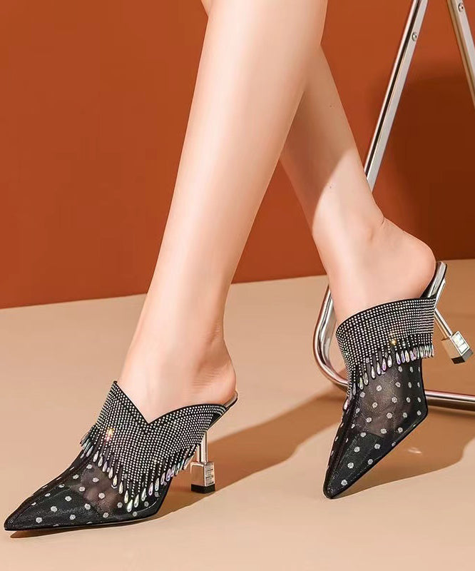 Black Tulle Zircon Tassel Slide Sandals Fashion Pointed Toe CZ1052 Ada Fashion